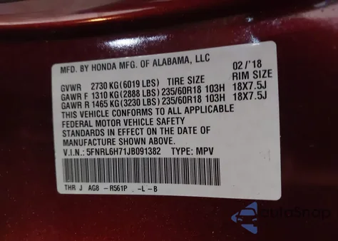 2018 Honda Odyssey Ex-L из США, поврежденный, VIN 5FNRL6H71JB091382